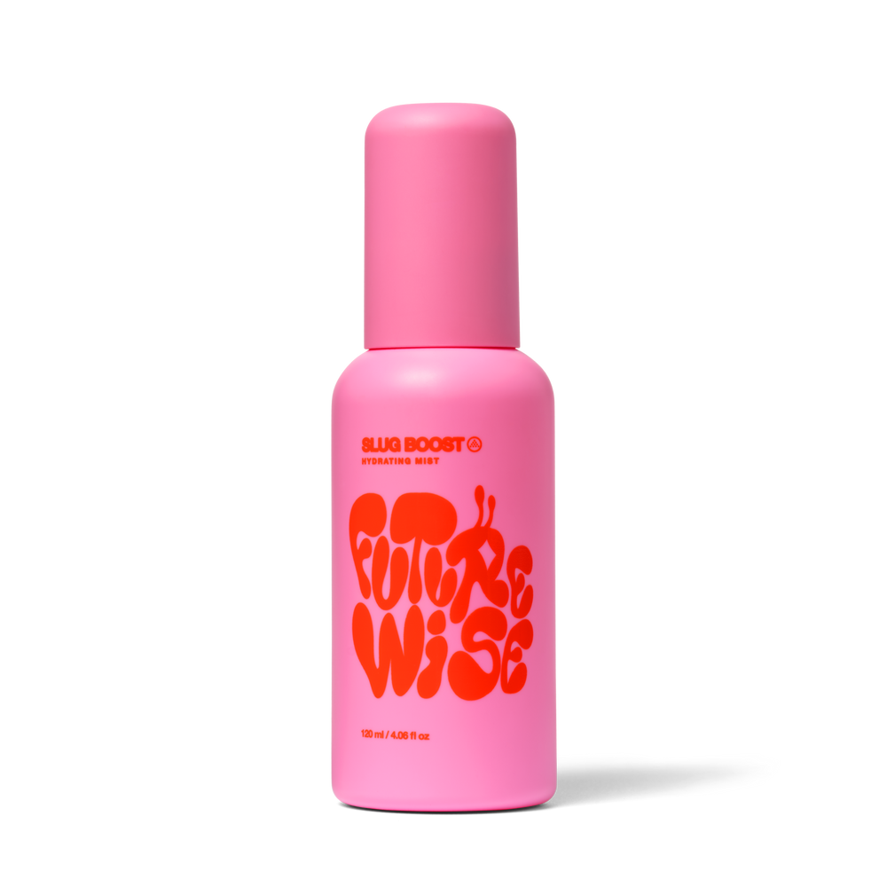 Front facing studio shot of the Slug Boost product, a pink bottle with red text featuring the Futurewise logo