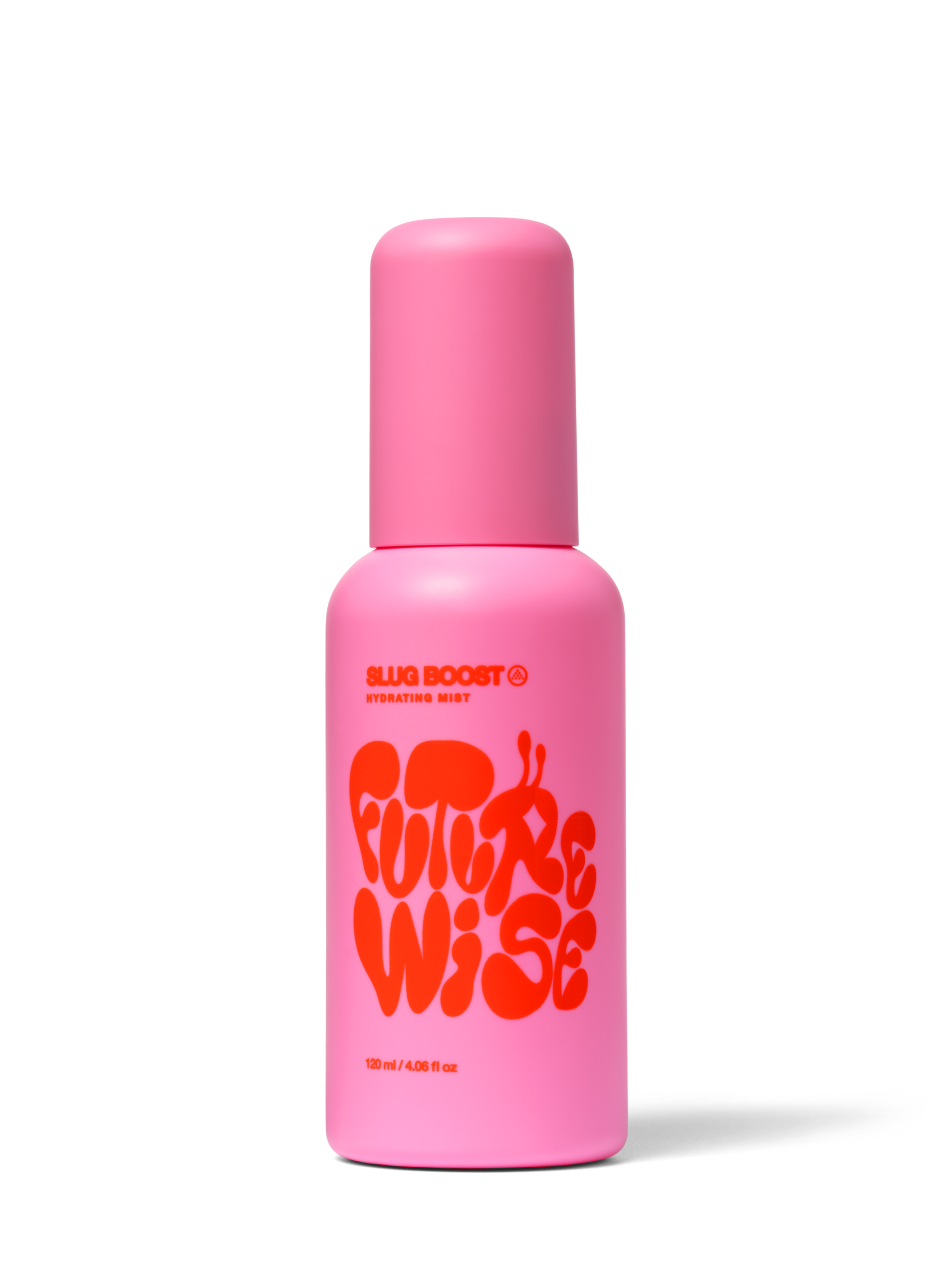 Front facing studio shot of the Slug Boost product, a pink bottle with red text featuring the Futurewise logo