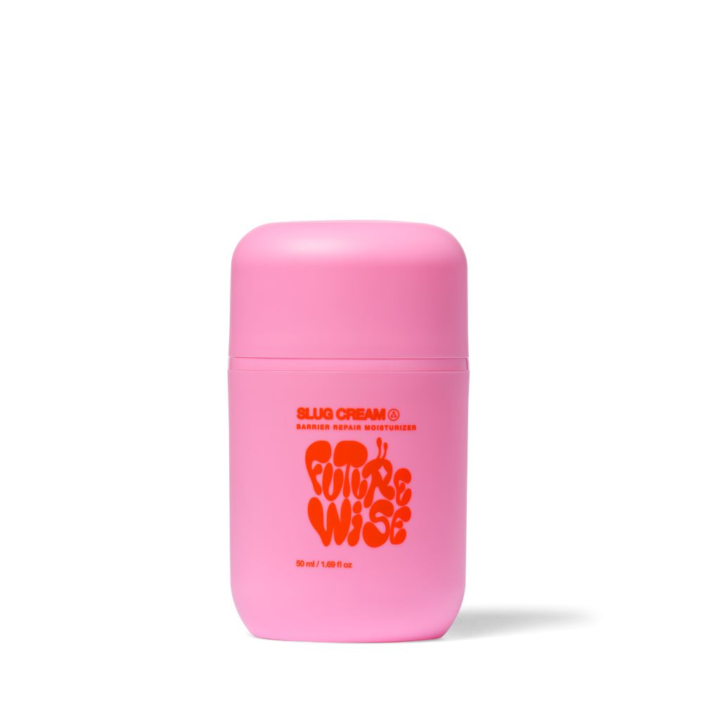 Front facing studio shot of the Slug Cream product, a pink bottle with red text featuring the Futurewise logo