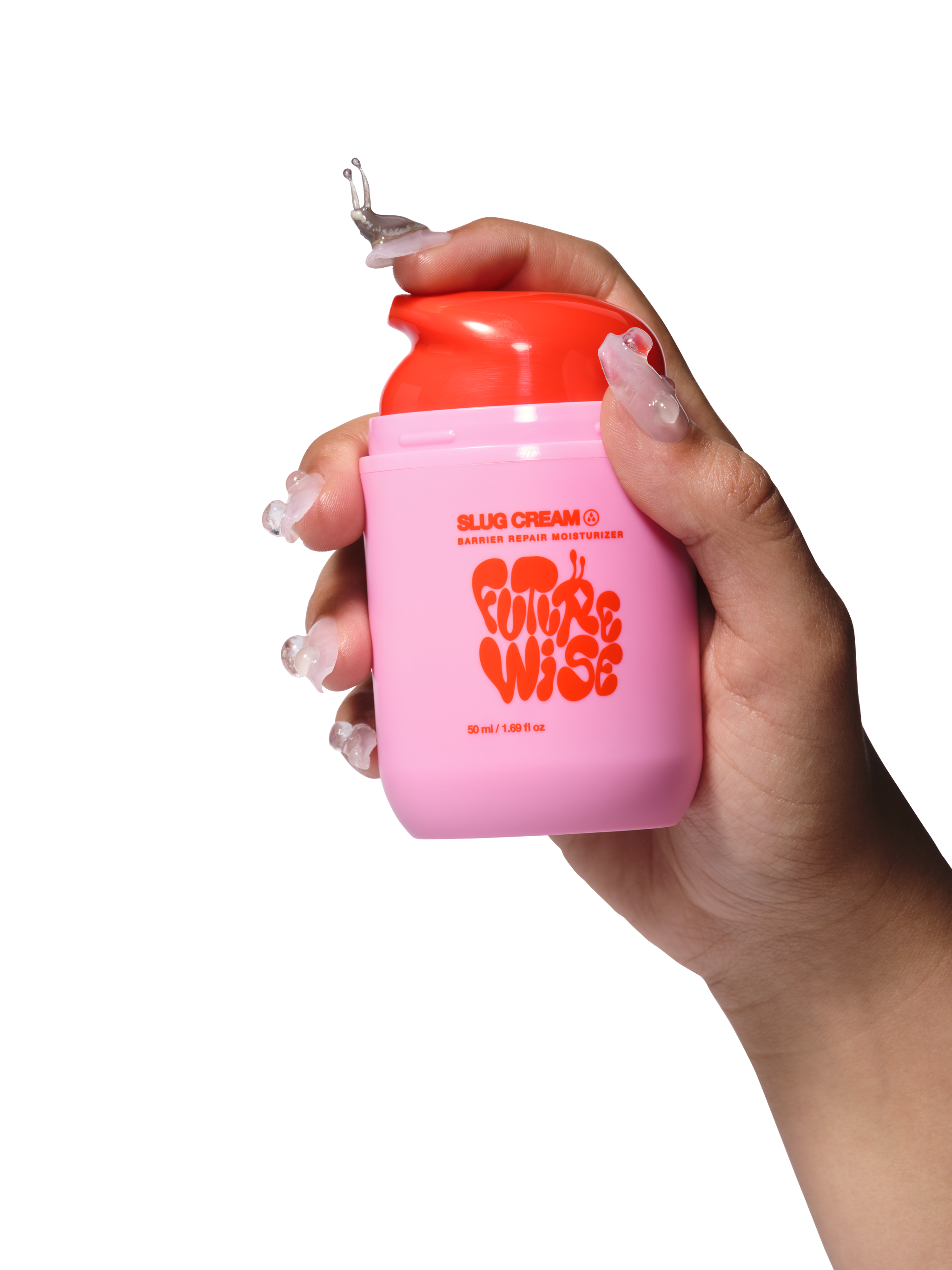An outstretched hand holds the Slug Cream pink and red container