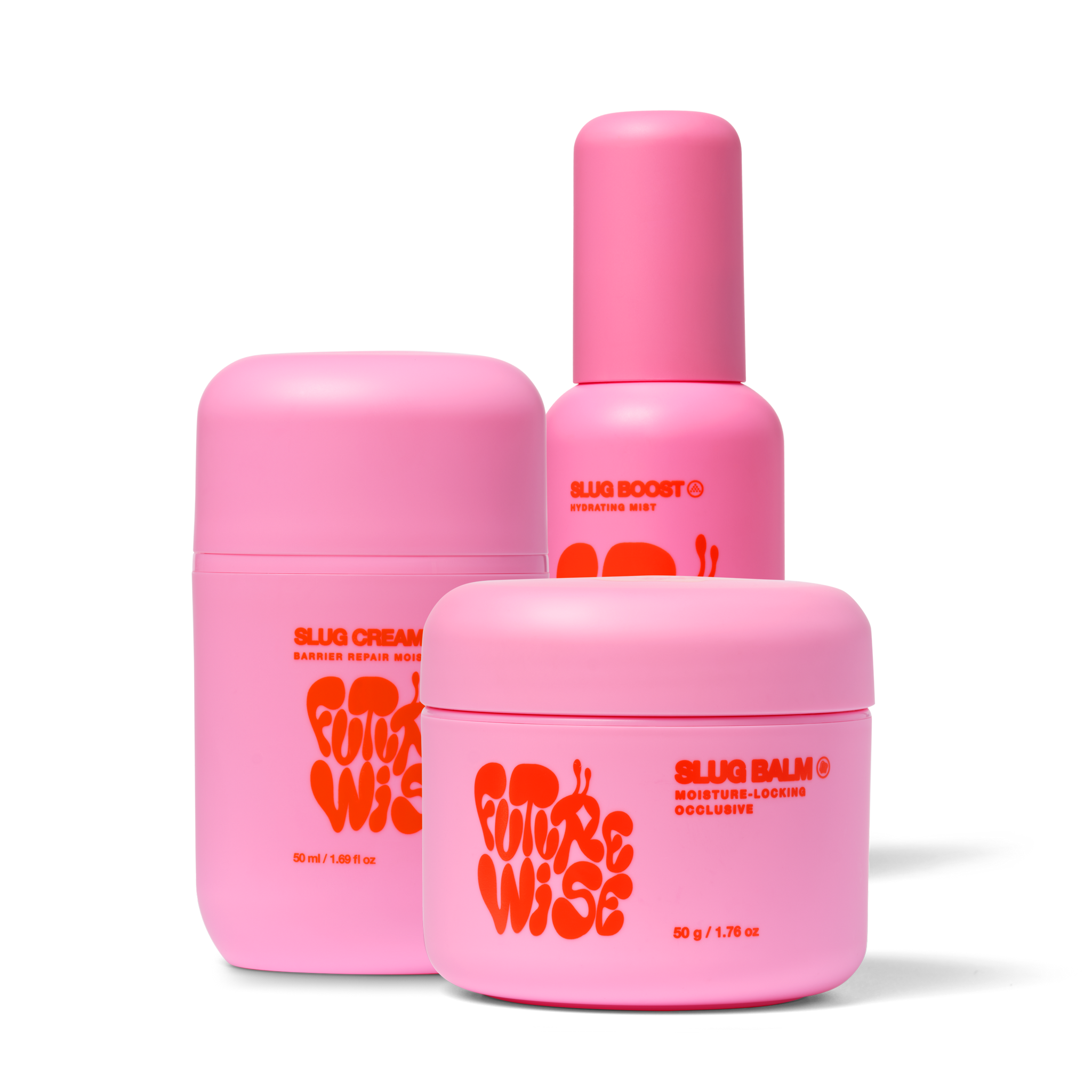 Front facing studio shot of the Slugging System product bundle, pink components with red text featuring the Futurewise logo